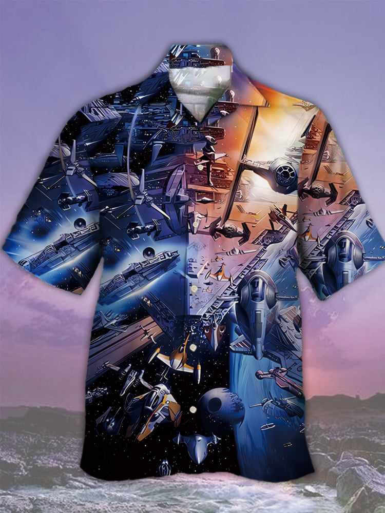 Men's Spaceship Cuban Collar Print Shirt