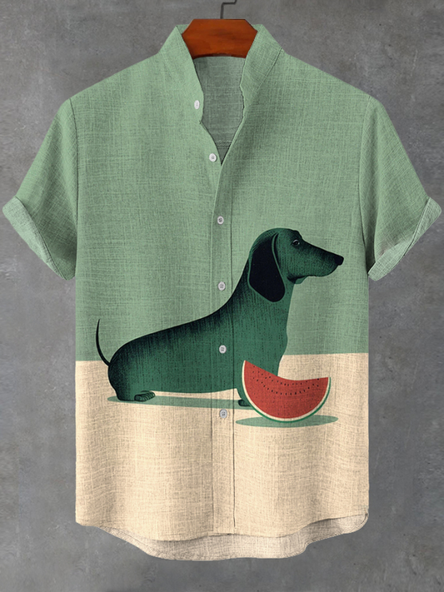 Men's Watermelon And Dog Print Linen Blend Shirt
