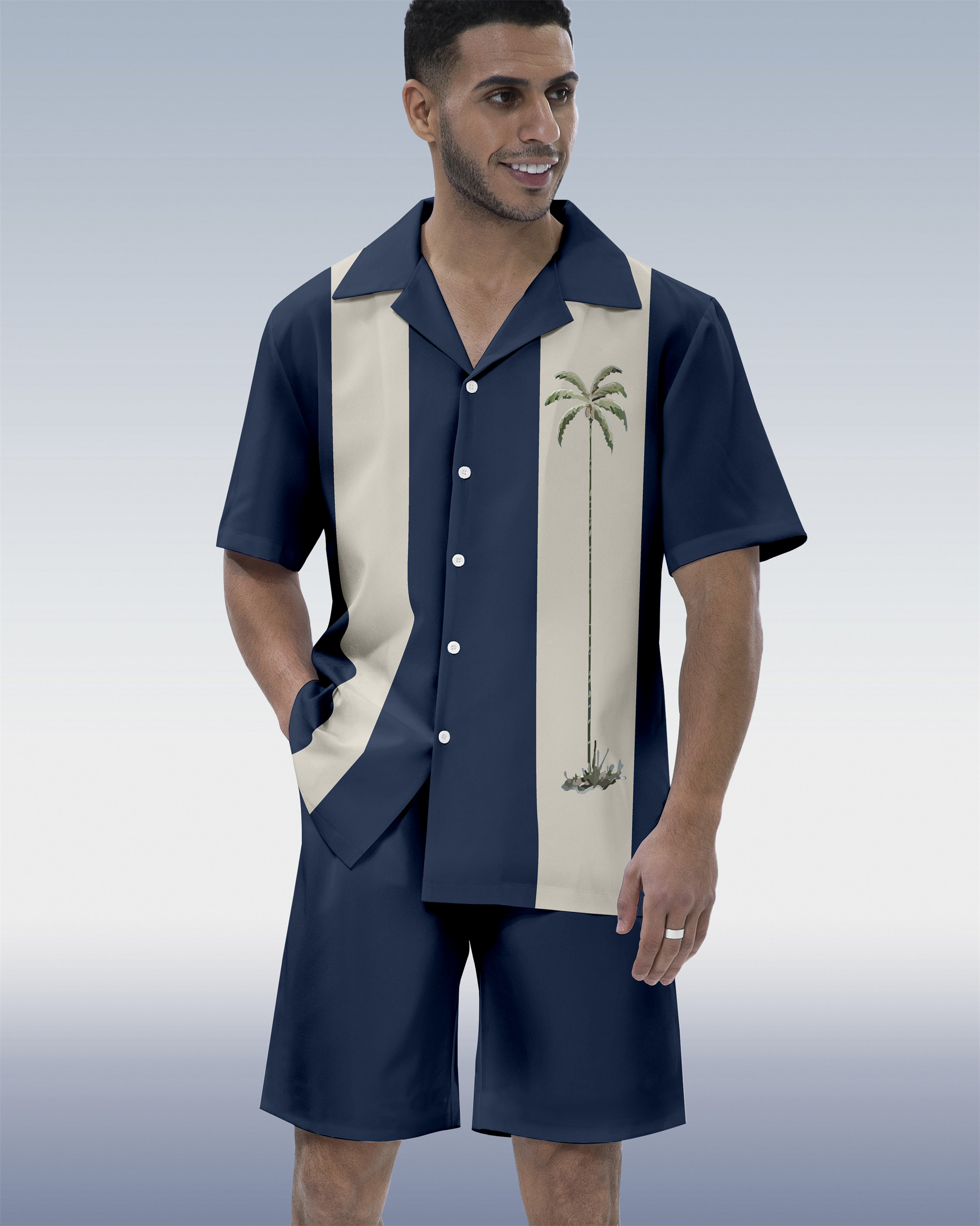 Men's Hawaiian Tiki Party Print Cuban Collar Short Sleeve Shirt Set