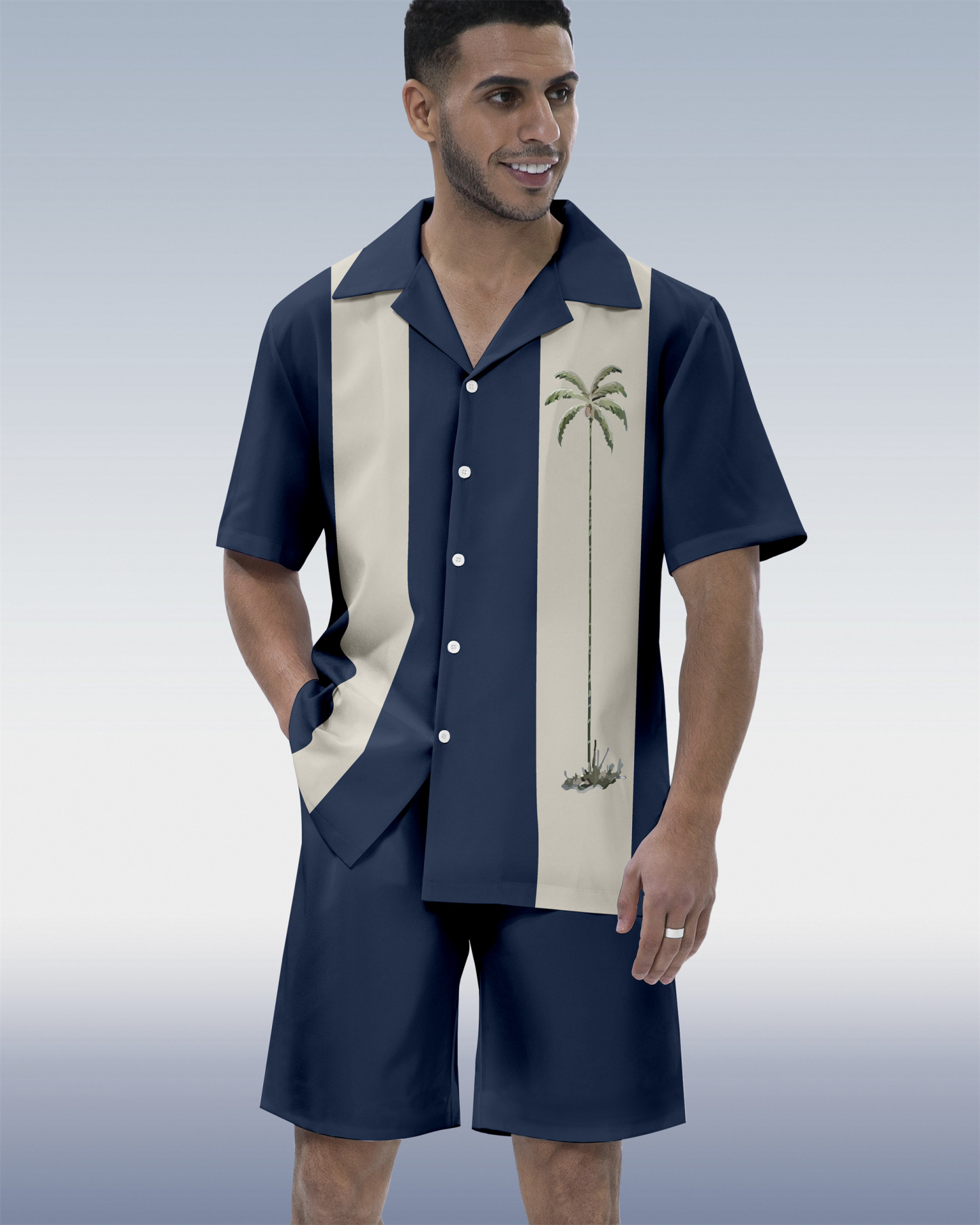 Men's Hawaiian Tiki Party Print Cuban Collar Short Sleeve Shirt Set