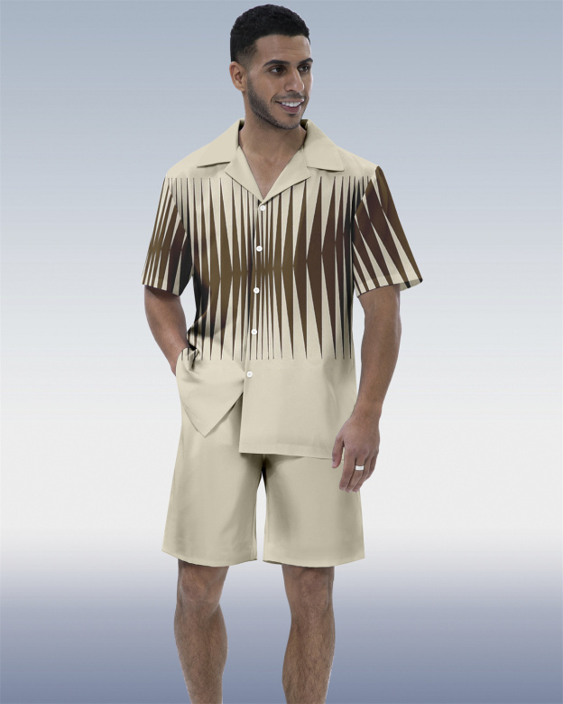 Men's Colorblock Geometric Hawaiian Cuban Collar Short Sleeve Shirt Set
