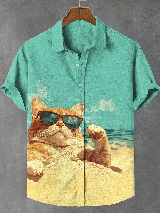 Men's Retro Cartoon beach Cat Theme Shirt