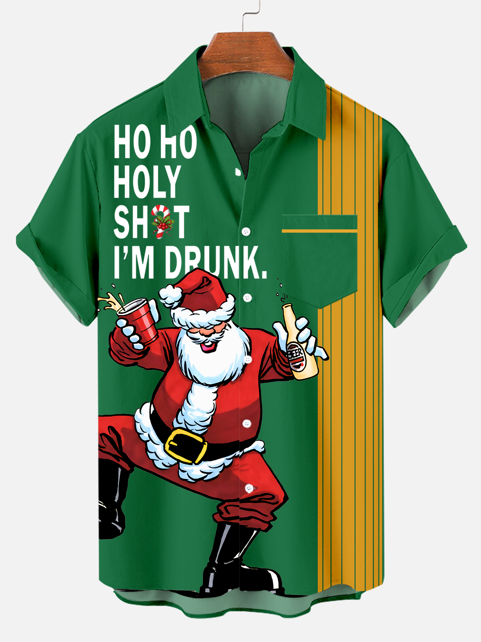 Men's Drink With Father Christmas Printed Short Sleeve Shirt