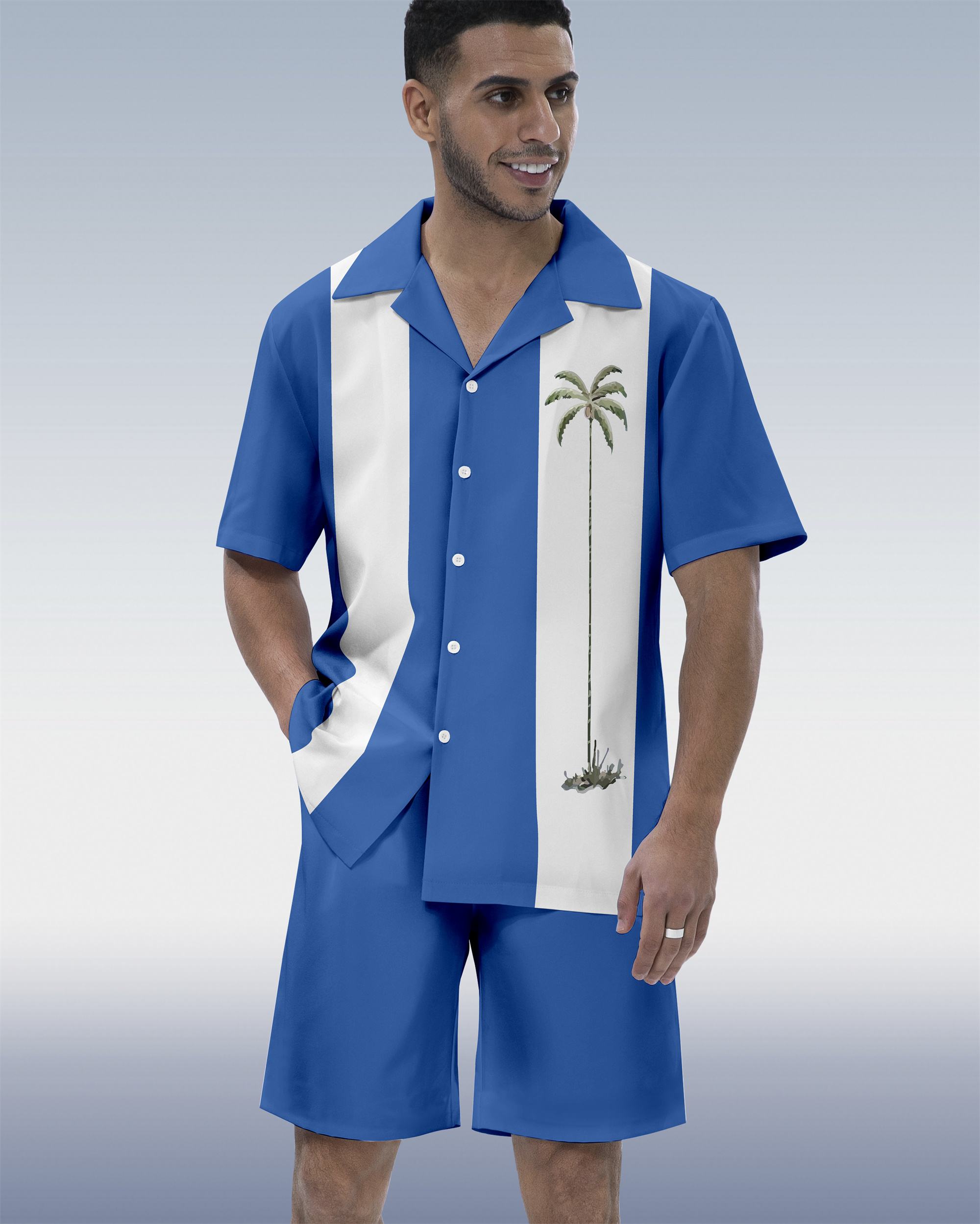 Men's Hawaiian Tiki Party Print Cuban Collar Short Sleeve Shirt Set