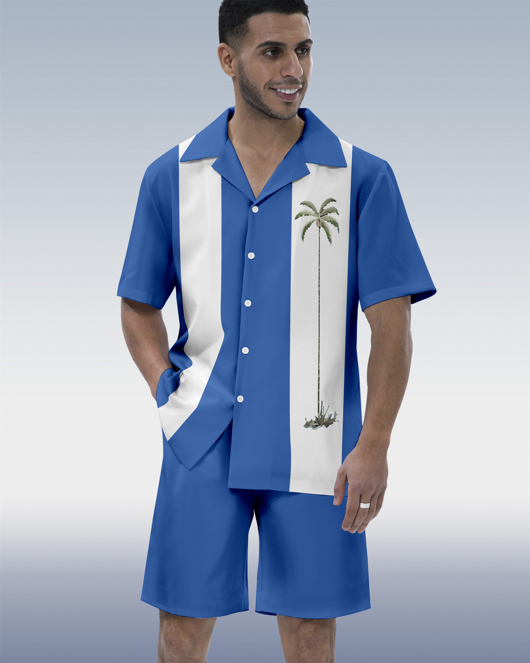 Men's Hawaiian Tiki Party Print Cuban Collar Short Sleeve Shirt Set