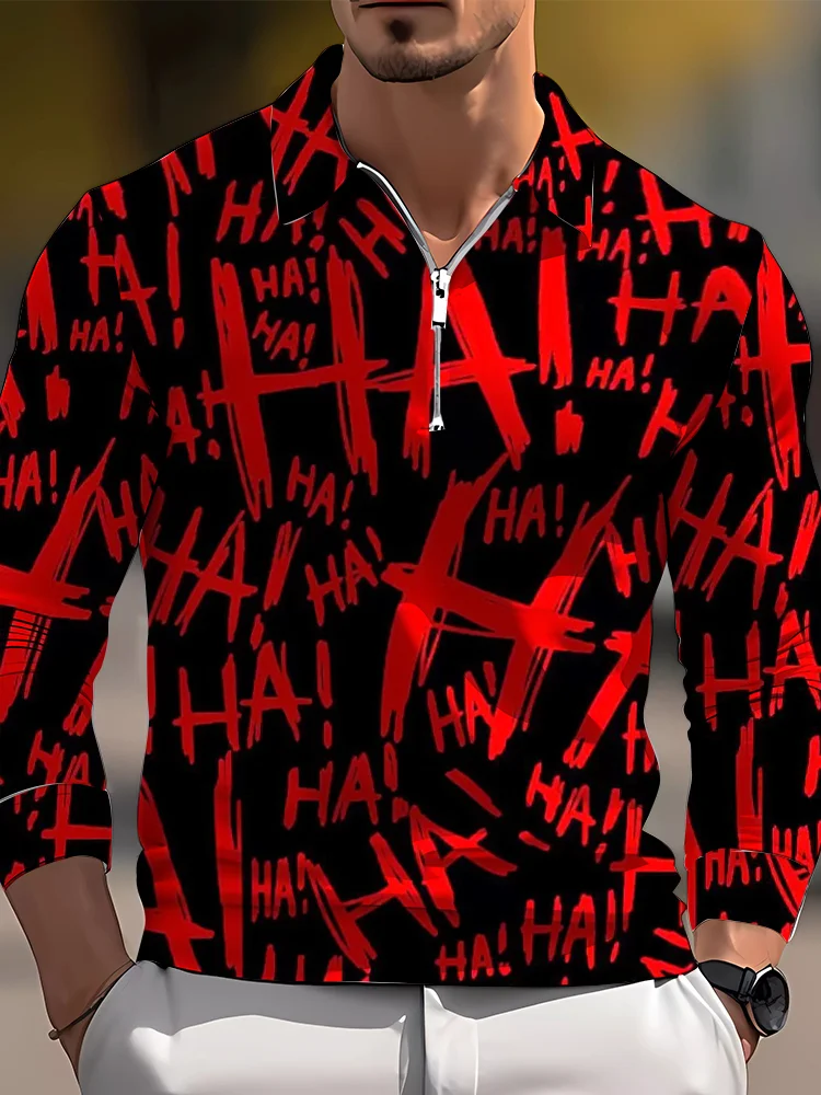 Men's casual art graphic zip long sleeve polo shirt