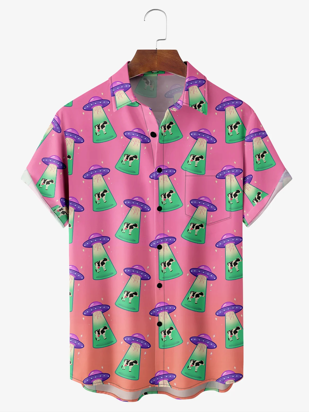 Men's Fun UFO Retro Cow Casual Short Sleeve Pocket Shirt