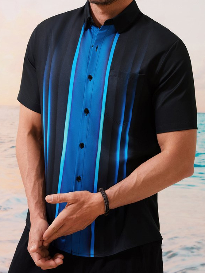 Men's casual geometric gradient pocket short sleeved shirt