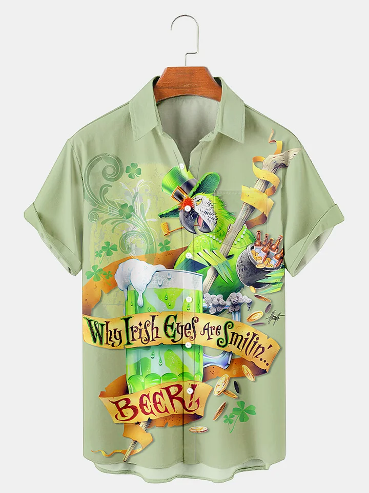 Men's Irish Parrot Saint Patrick Holiday Printed Pocket Shirt