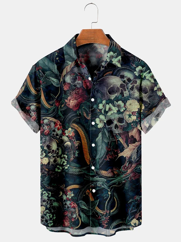 Men's casual horror skull frame flower short sleeved pocket shirt