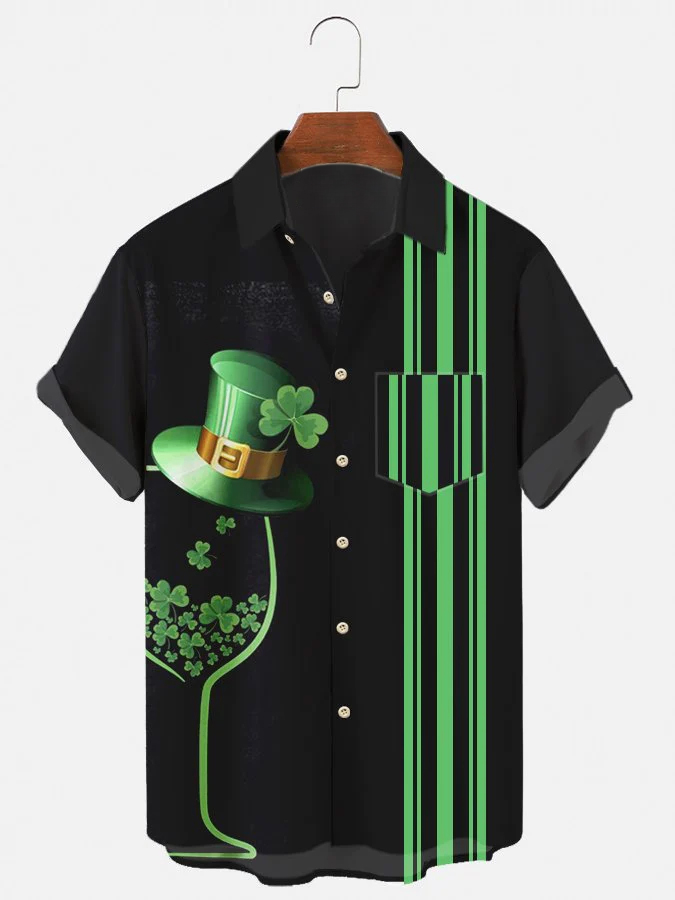Men's St. Patrick's Day Green Hat Wine Cup Print Casual Short Sleeve Pocket Shirt