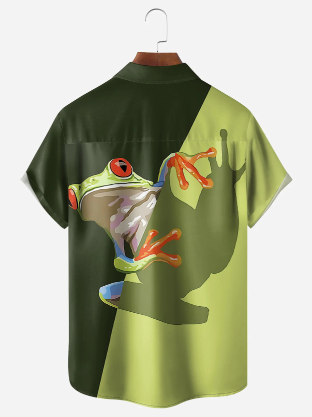 Men's fun casual cartoon frog short sleeved pocket shirt