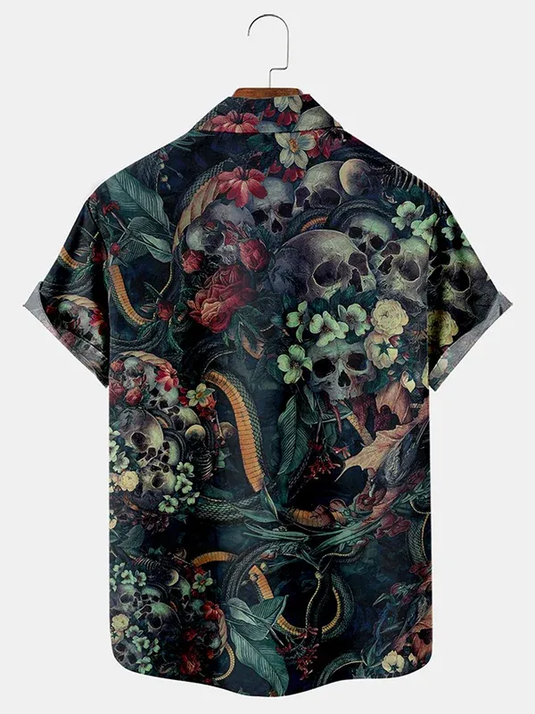 Men's casual horror skull frame flower short sleeved pocket shirt