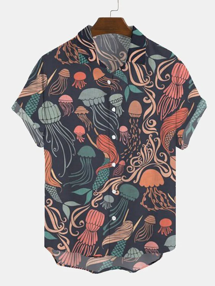 Men's Casual Sea Life Jellyfish Graphic Short Sleeve Shirt