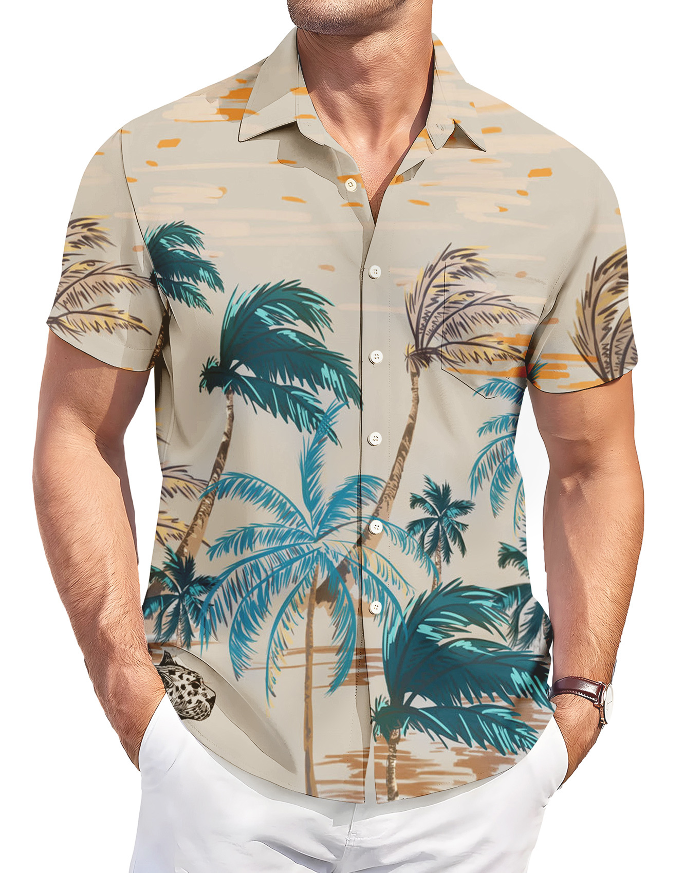 Men's Hawaiian Shirt, Short Sleeve Button Down, Palm Tree Print, Beige