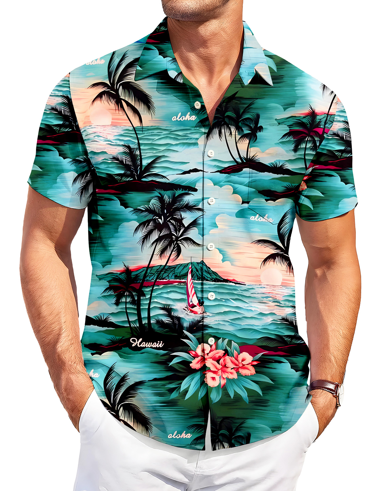 Men's Summer Hawaiian Aloha Shirt, Tropical Palm Beach Print, Short Sleeve Button Down, Turquoise Casual Bowling Shirt