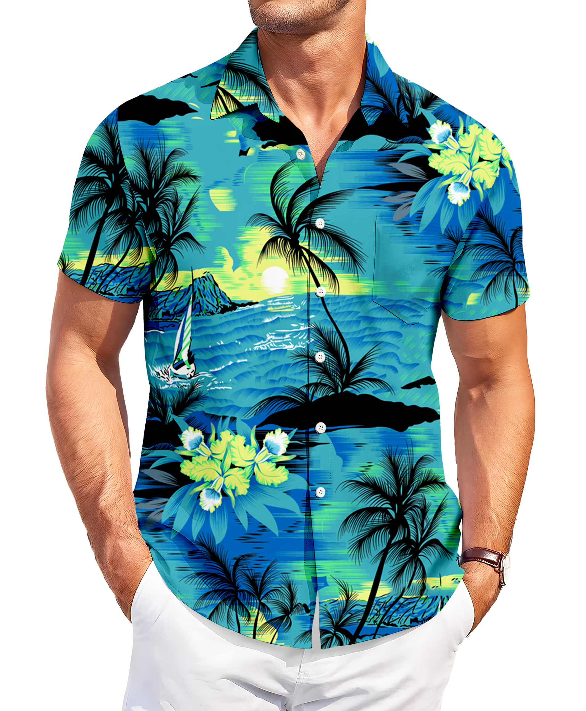Men's Hawaiian Tropical Beach Print Button Down Shirt, Short Sleeve, Blue and Green Palm Trees
