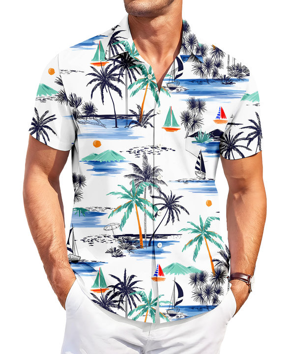 Men's Hawaiian Print Shirt, Short Sleeve Button Down, Tropical Palm Trees and Sailboats Pattern, White