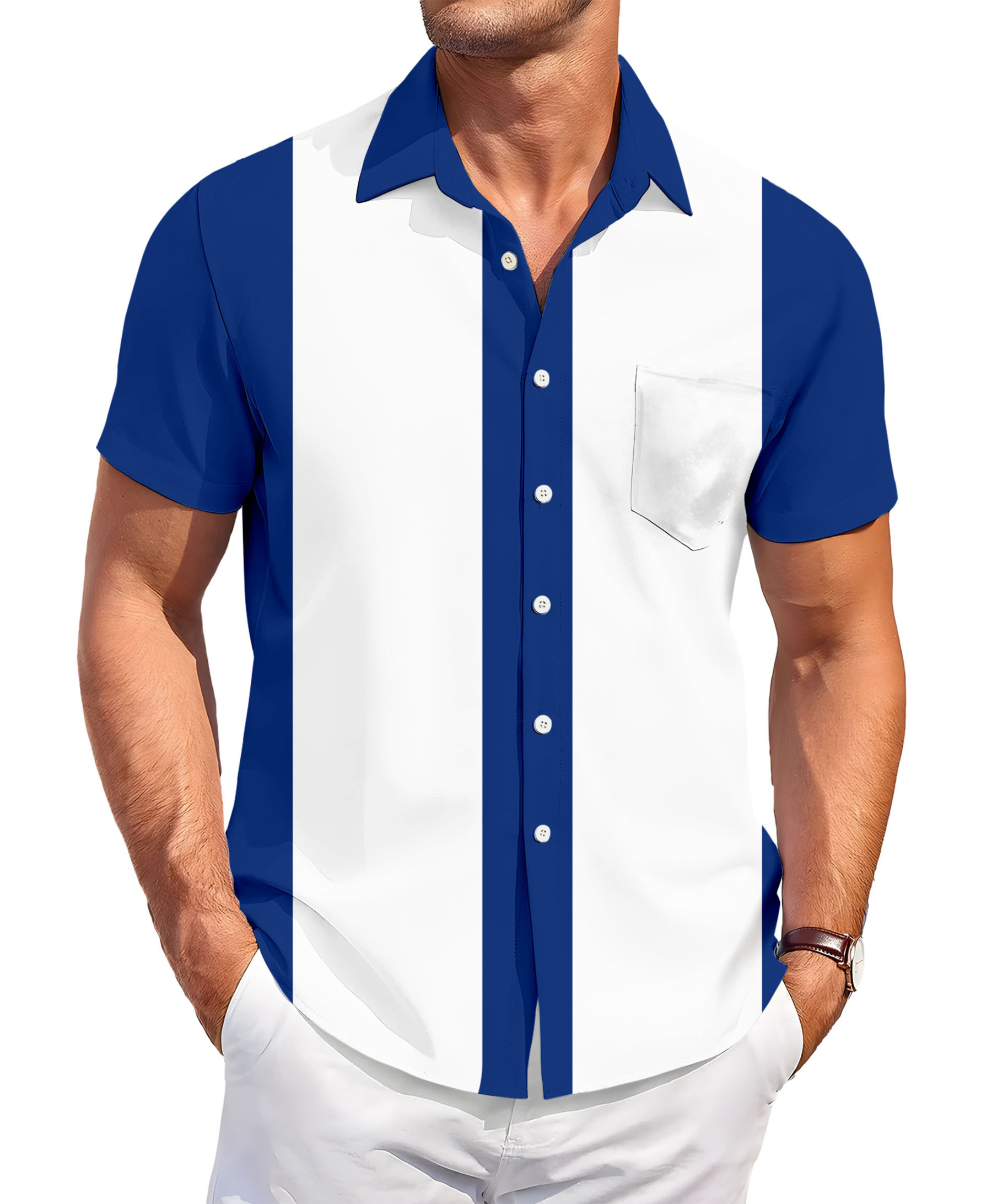 Men's Short Sleeve Button Down Shirt, Color Block Design, Blue and White