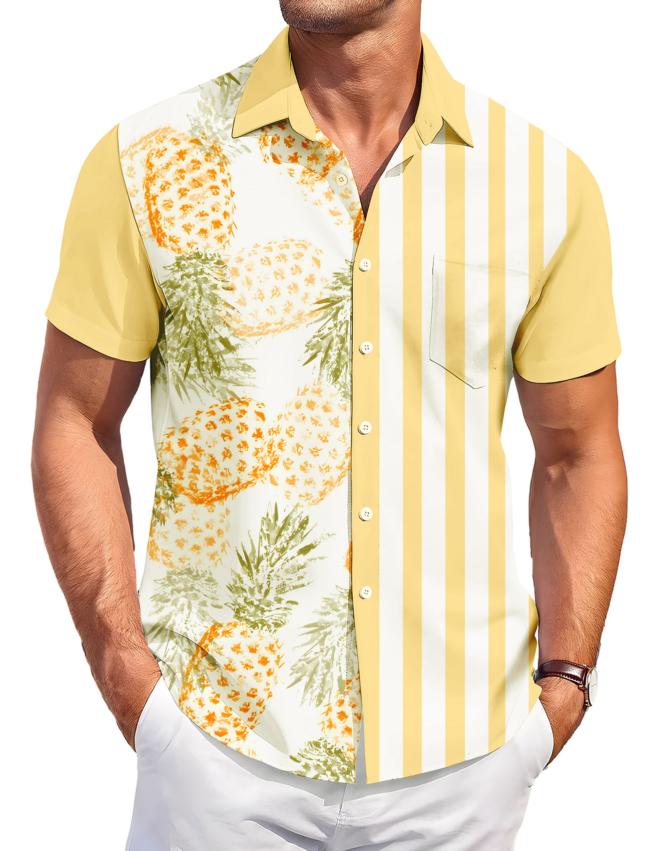 Men's Short Sleeve Button Down Shirt, Pineapple and Stripe Print, Yellow and White