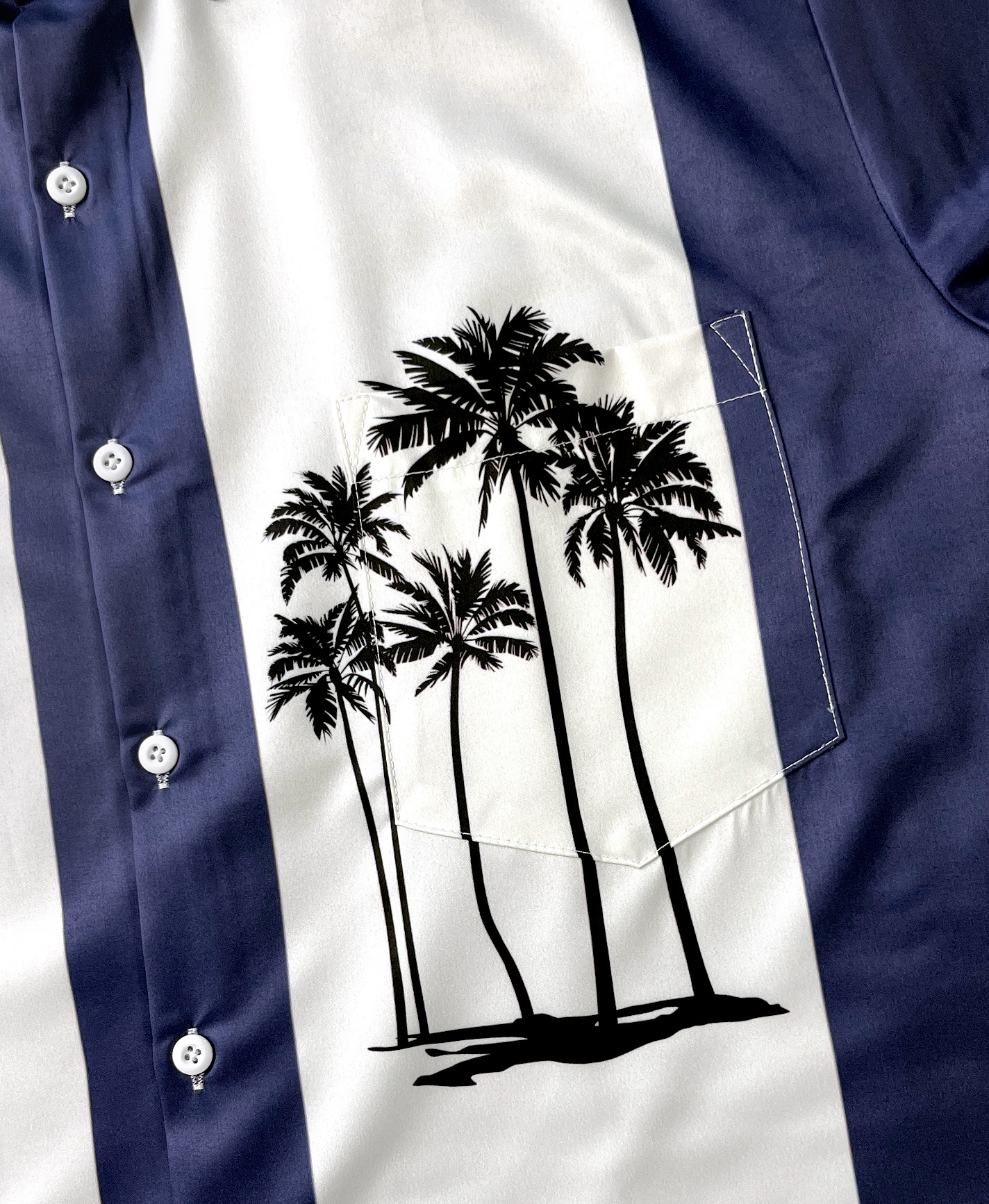 Men's Hawaiian Style Short Sleeve Button Down Shirt, Navy Blue and White Striped with Palm Tree Print