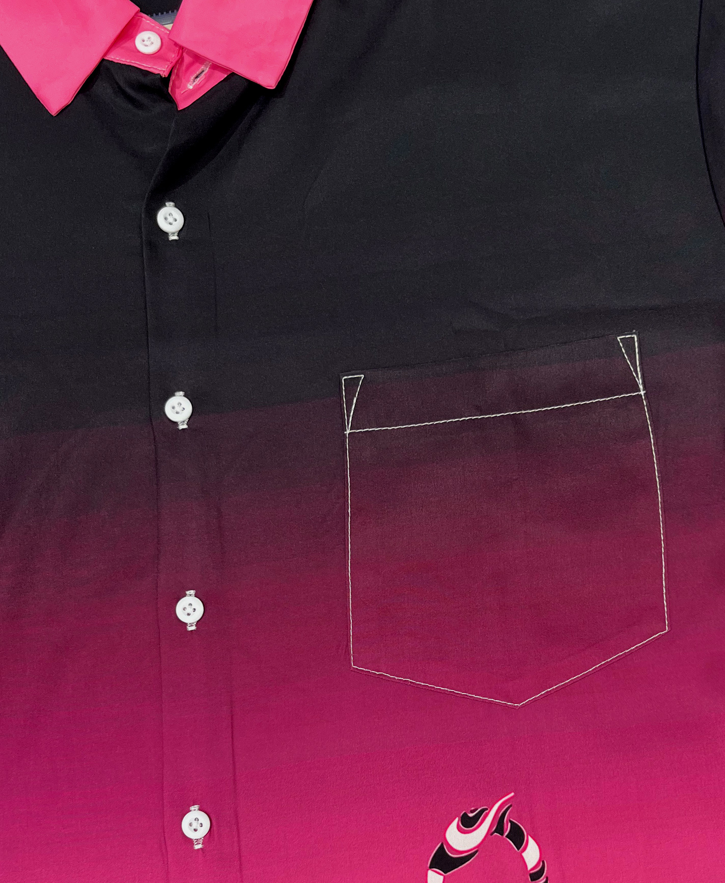 Men's Short Sleeve Button Down Shirt, Black and Pink Ombre with Flamingo Print, Casual Hawaiian Style