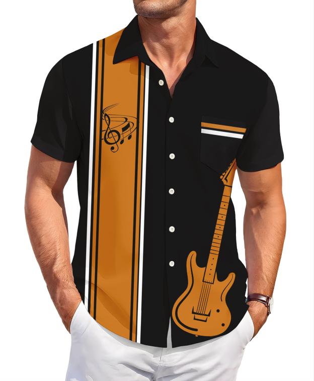 Men's Music Guitar Print Button Down Shirt, Short Sleeve, Black and Orange Striped, Casual Hawaiian Style