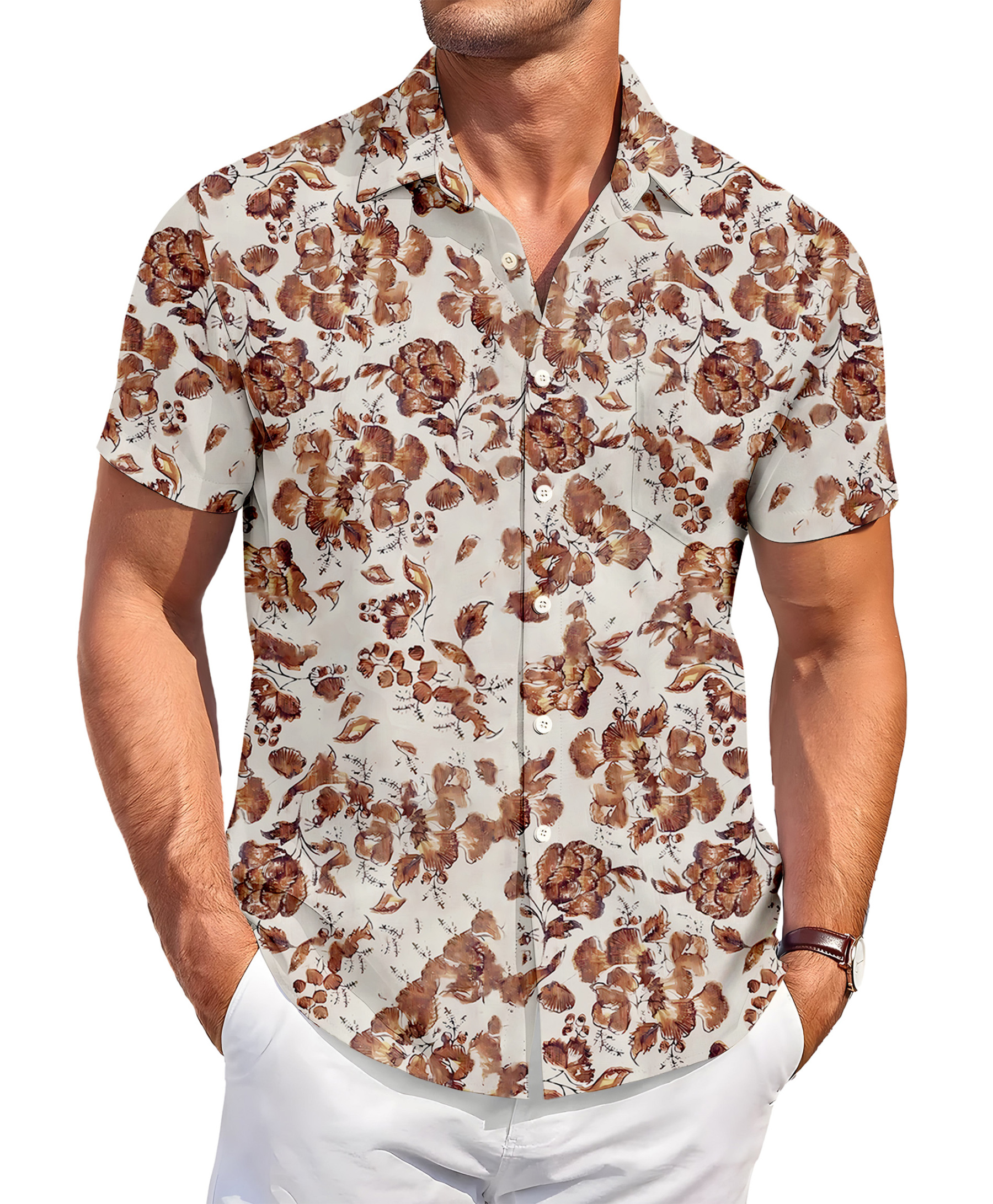 Men's Floral Print Short Sleeve Button Down Shirt, White and Coral Pink, Casual Hawaiian Style