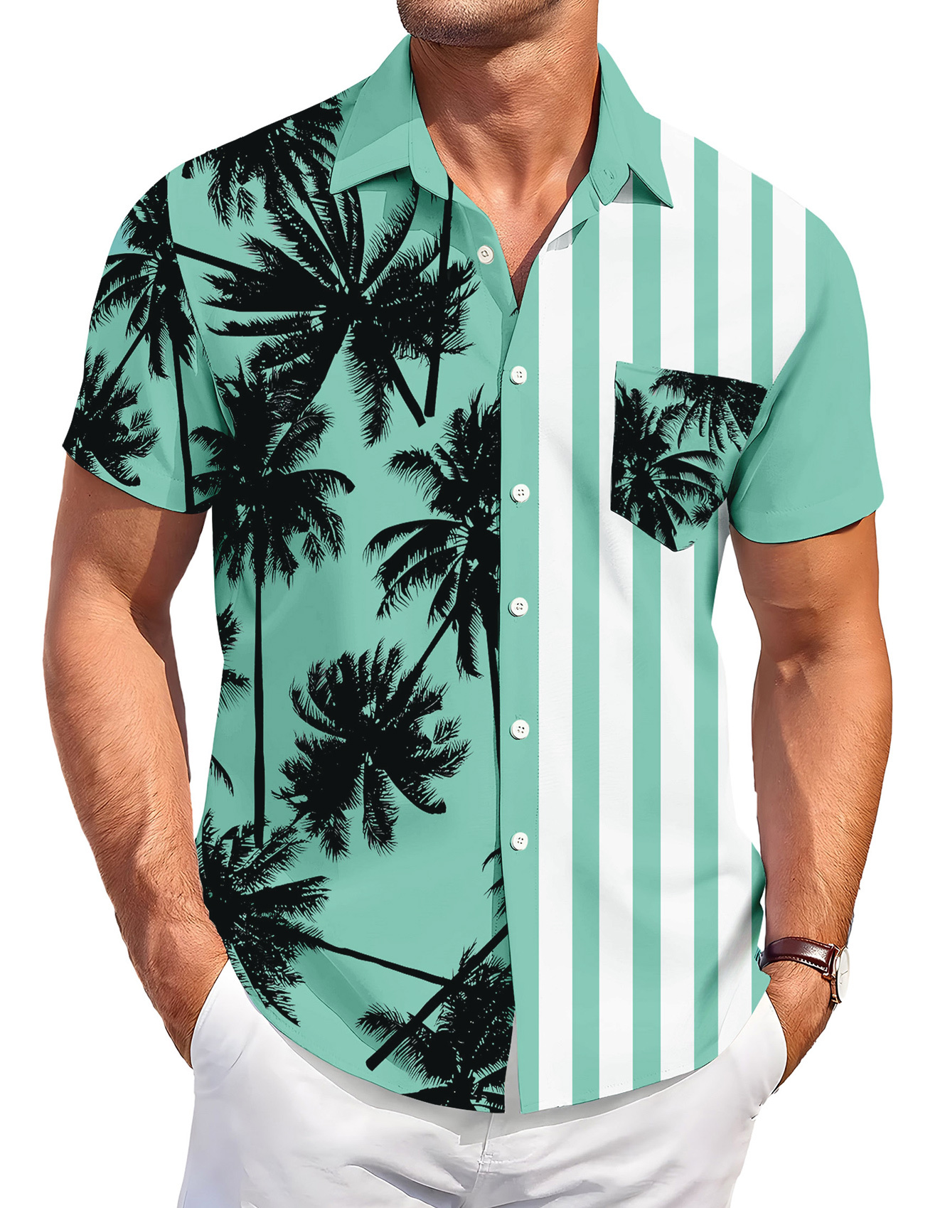 Men's Hawaiian Shirt, Palm Tree Print, Striped Design, Short Sleeve Button Down, Mint Green