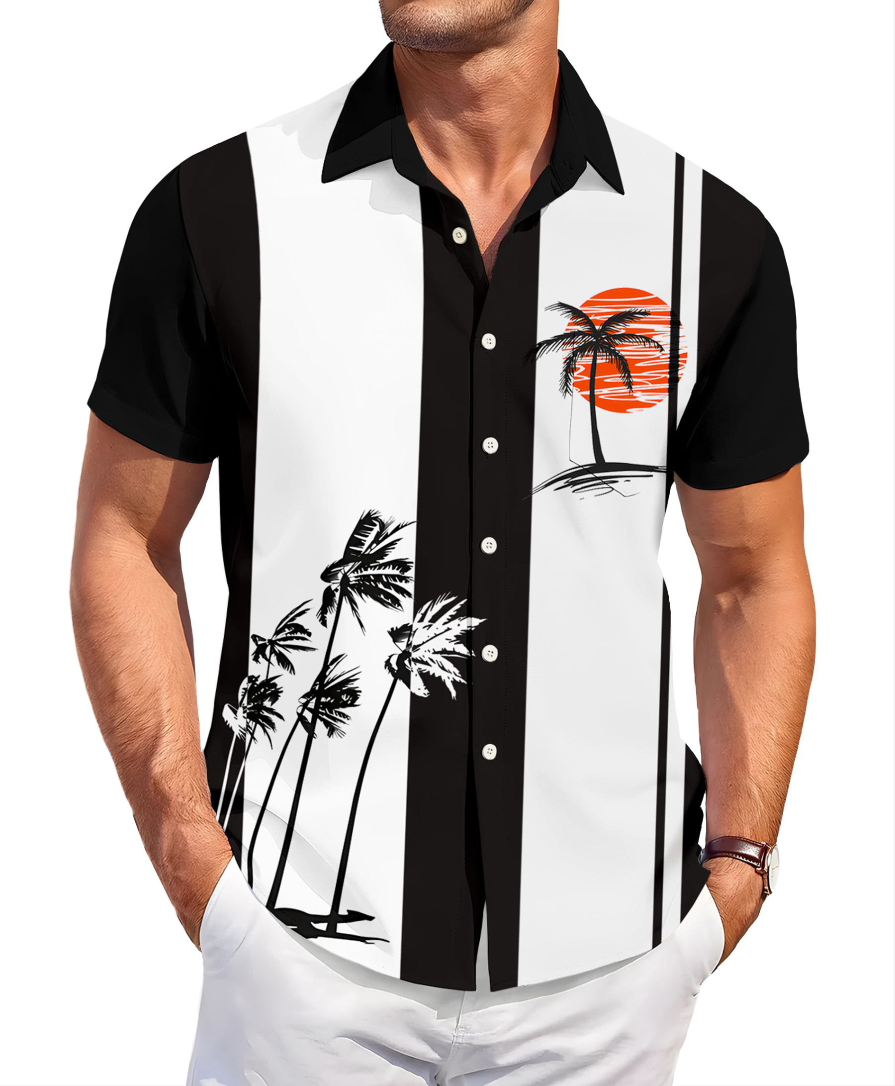 Men's Hawaiian Beach Button Down Shirt, Palm Tree Print, Black and White with Orange Sunset, Short Sleeve
