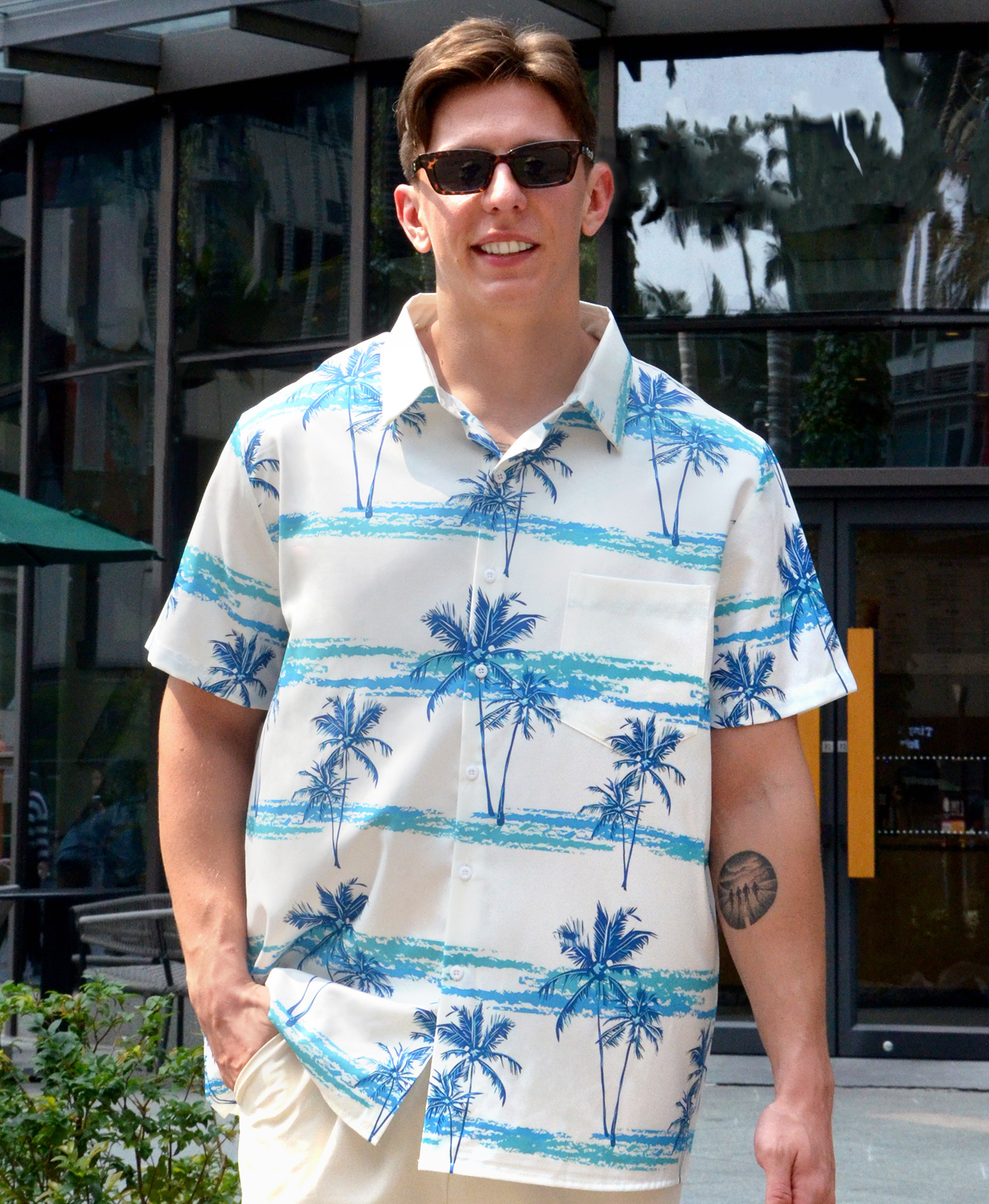 Men's Hawaiian Palm Tree Print Button Down Shirt, Short Sleeve, White with Turquoise Stripes