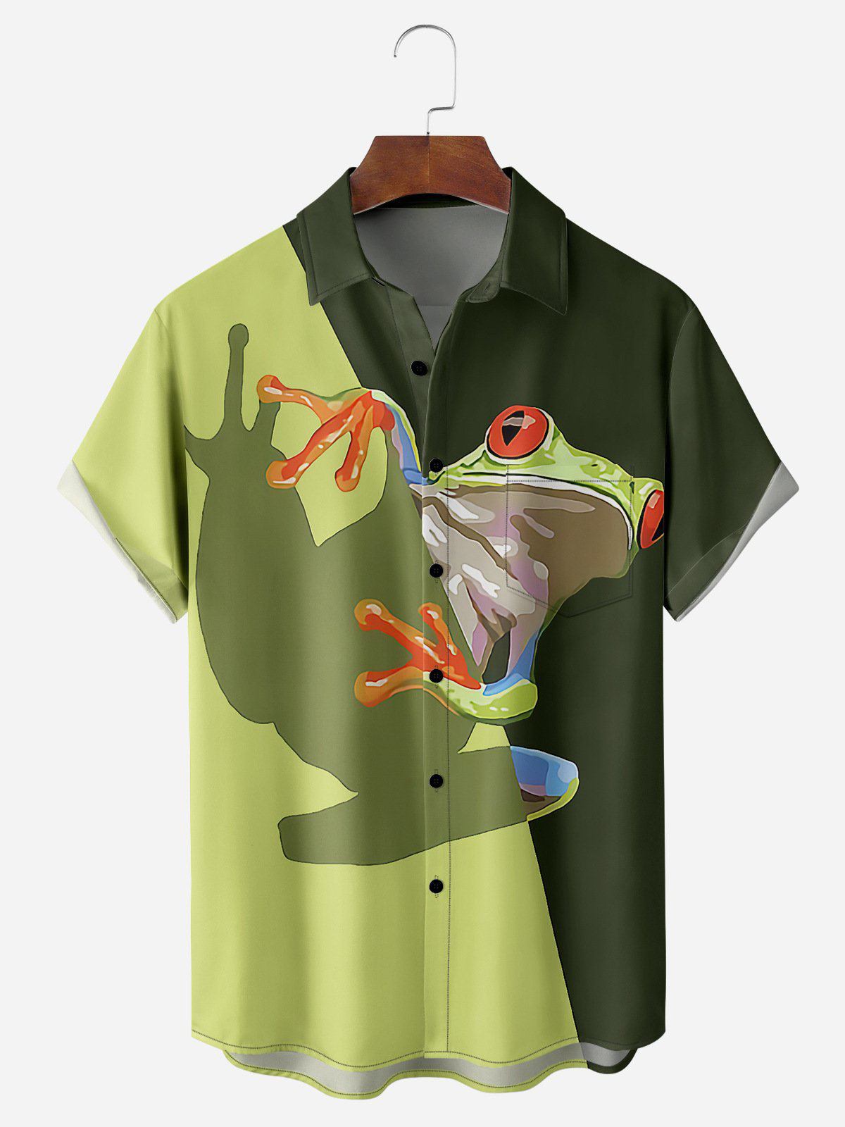 Men's fun casual cartoon frog short sleeved pocket shirt