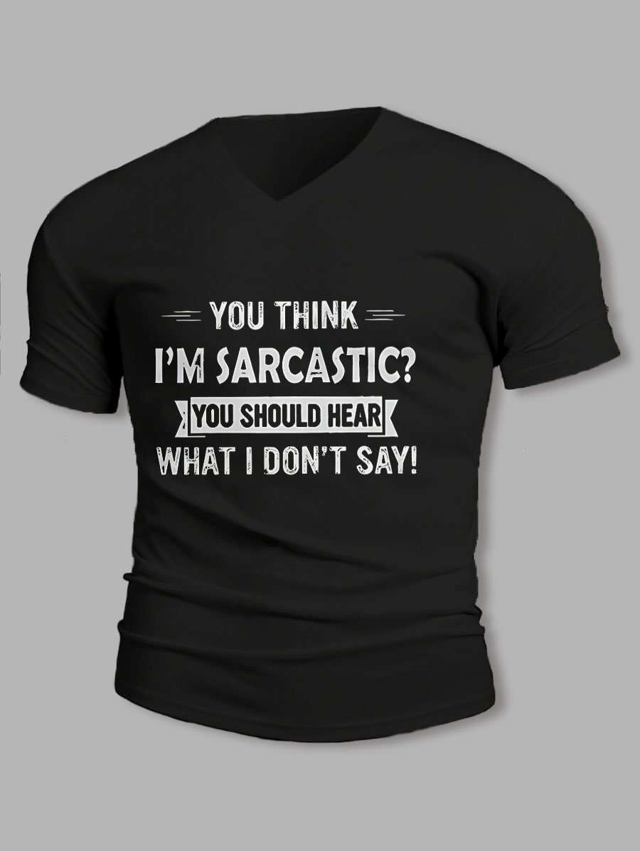 Men's Slogan Text V-Neck Short Sleeve T-Shirt
