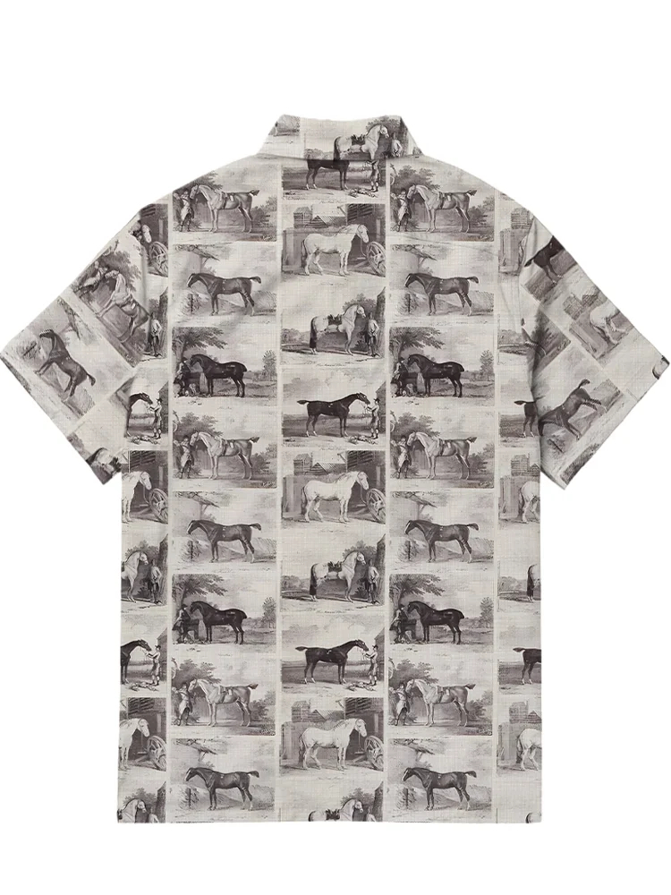 Men's casual retro horse patchwork printed short sleeved pocket shirt