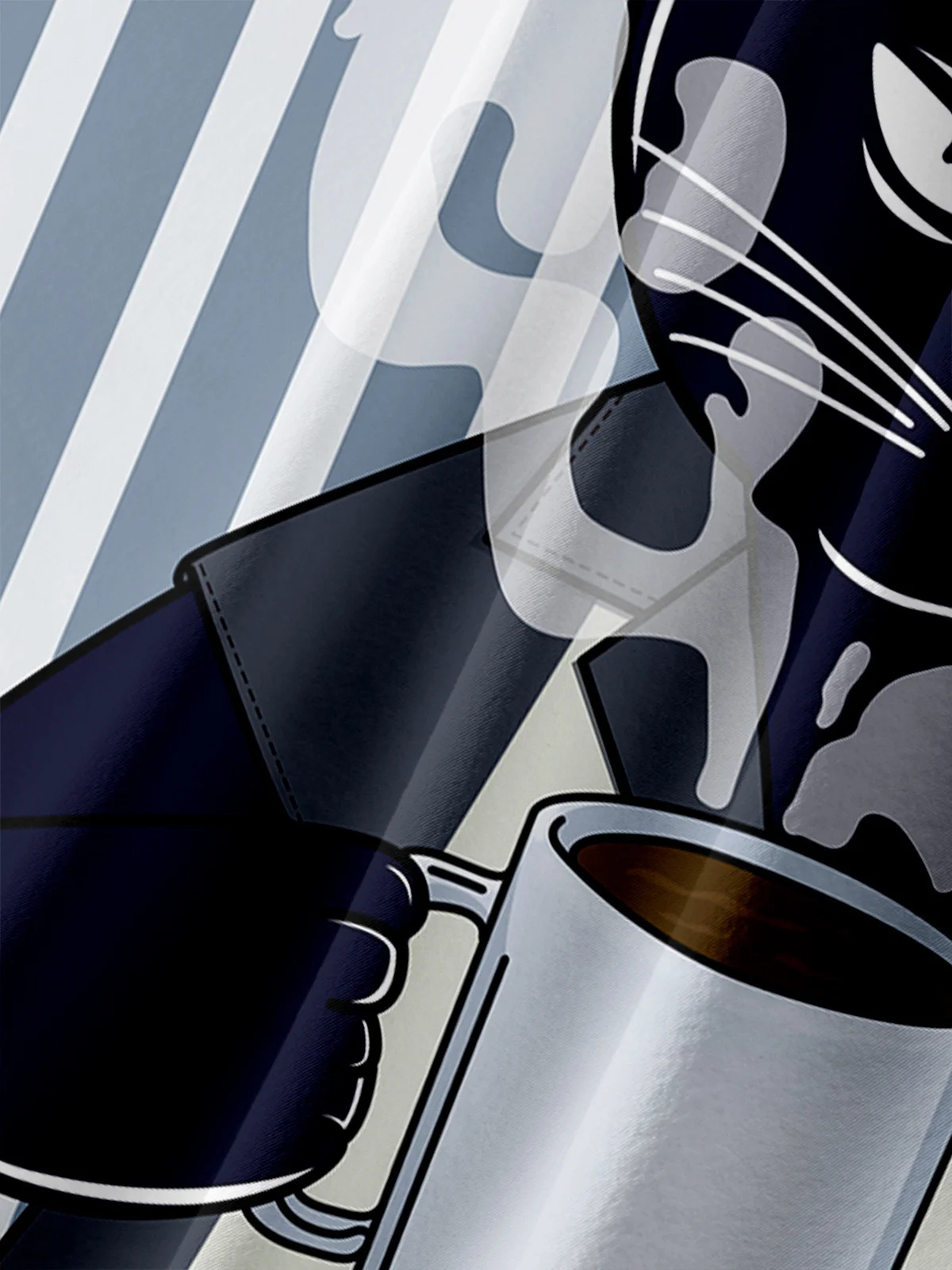 Men's Fun Cat Drinking Coffee Casual Short Sleeve Pocket Shirt