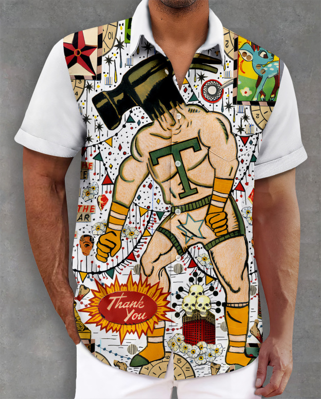Men's retro illustration short sleeve shirt