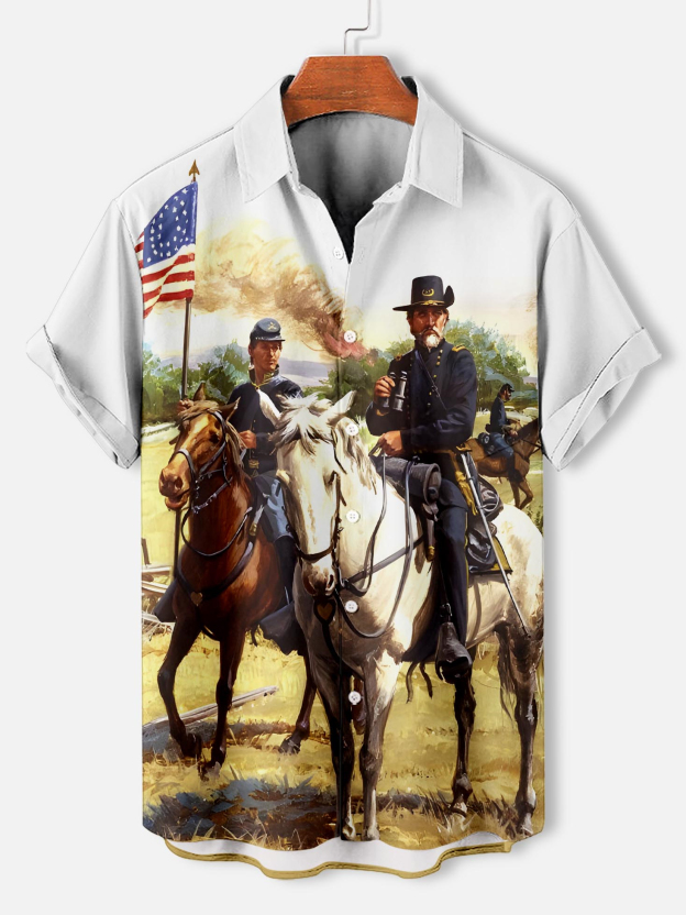 Men's retro illustration short sleeve shirt