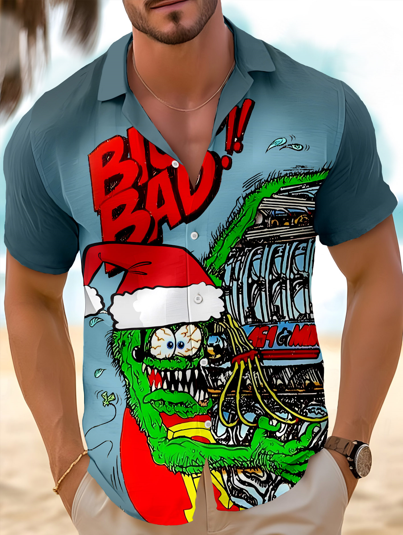 Men's retro cartoon car graphic illustration short sleeve cuban collar shirt