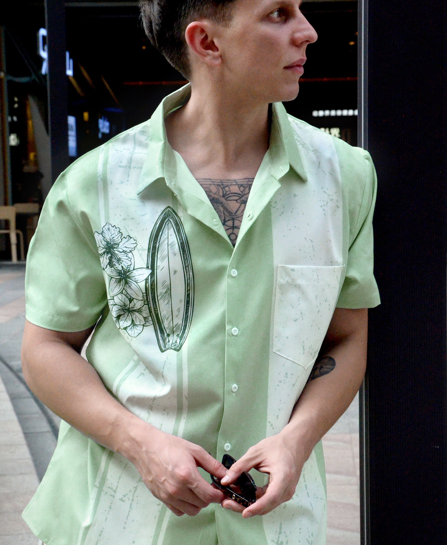 Men's Hawaiian Surfboard Button Down Shirt, Short Sleeve, Sage Green with Floral Print