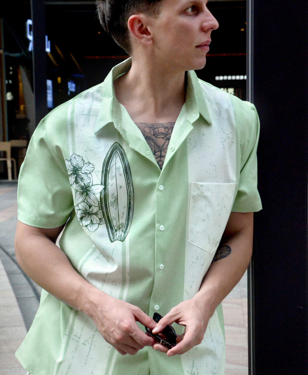 Men's Hawaiian Surfboard Button Down Shirt, Short Sleeve, Sage Green with Floral Print
