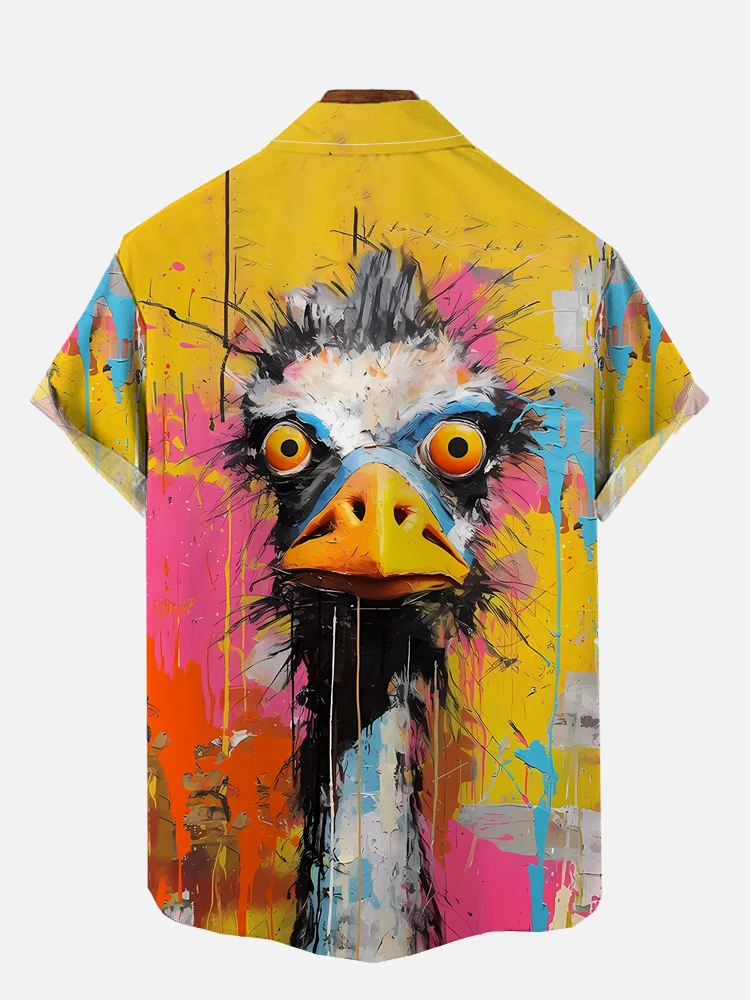 Men's Retro Fun Animal Ostrich Print Short Sleeve Shirt