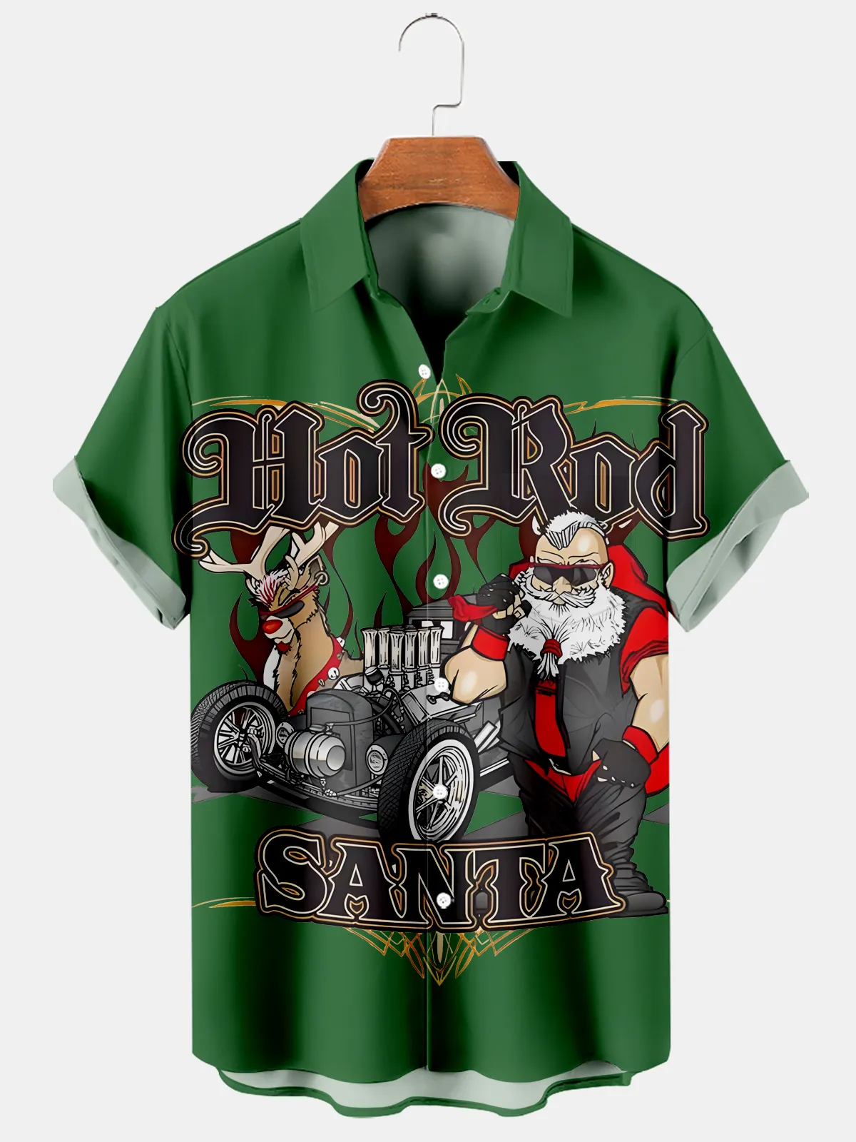 Men's Christmas Fun HOT ROD SANTA Car Printed Short Sleeve Shirt 0378