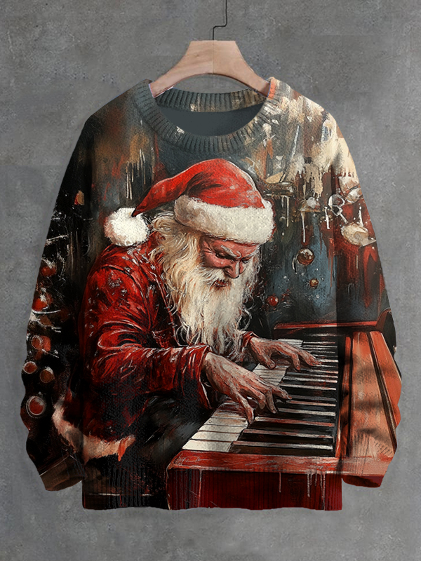 Men's Punk Santa Claus Playing Piano At Christmas Print Knit Sweatshirt