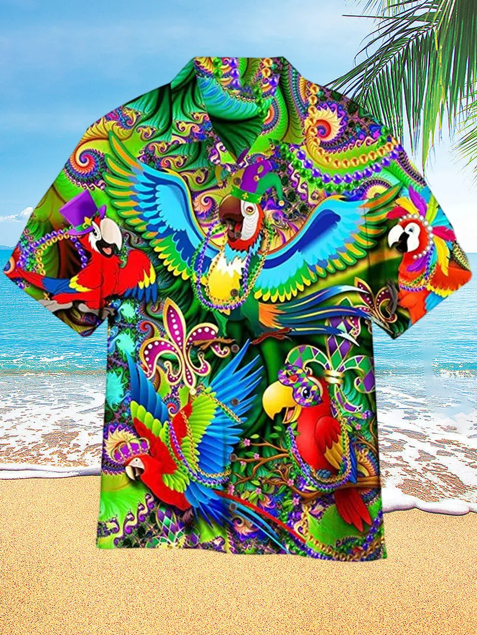 Mardi Gras Parrot Print Hawaiian Party Short Sleeve Shirt