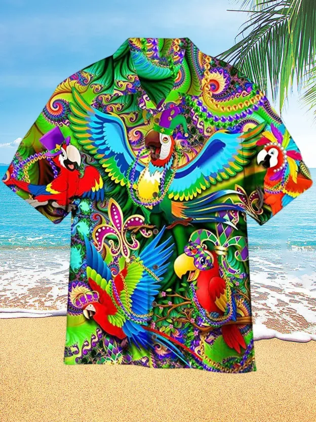 Mardi Gras Parrot Print Hawaiian Party Short Sleeve Shirt