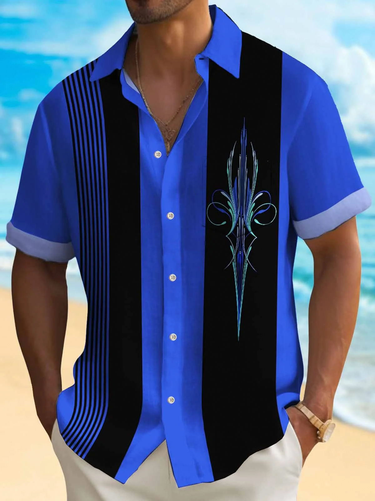 Men's 50's Vintage Pinstripe Car Bowling Short Sleeve Shirt