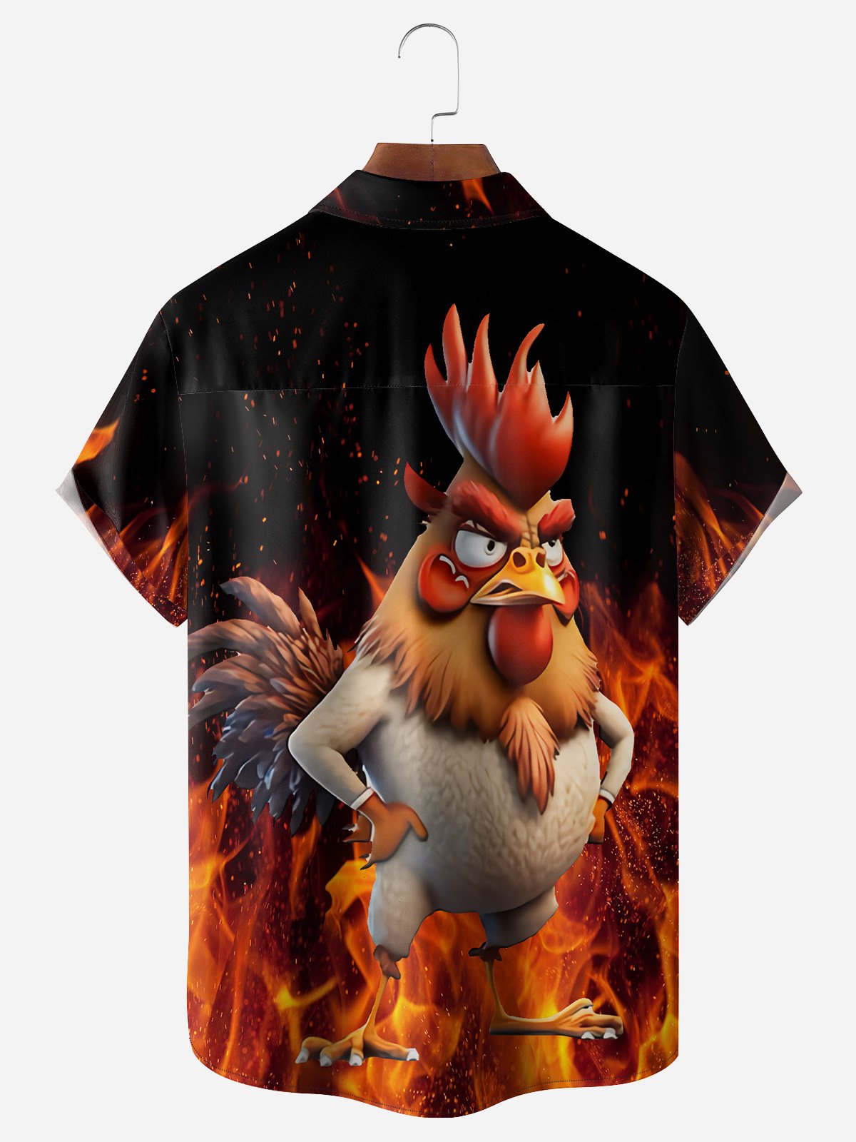 Men's Casual Flame Cartoon Chicken Print Lapel Short Sleeve Shirt