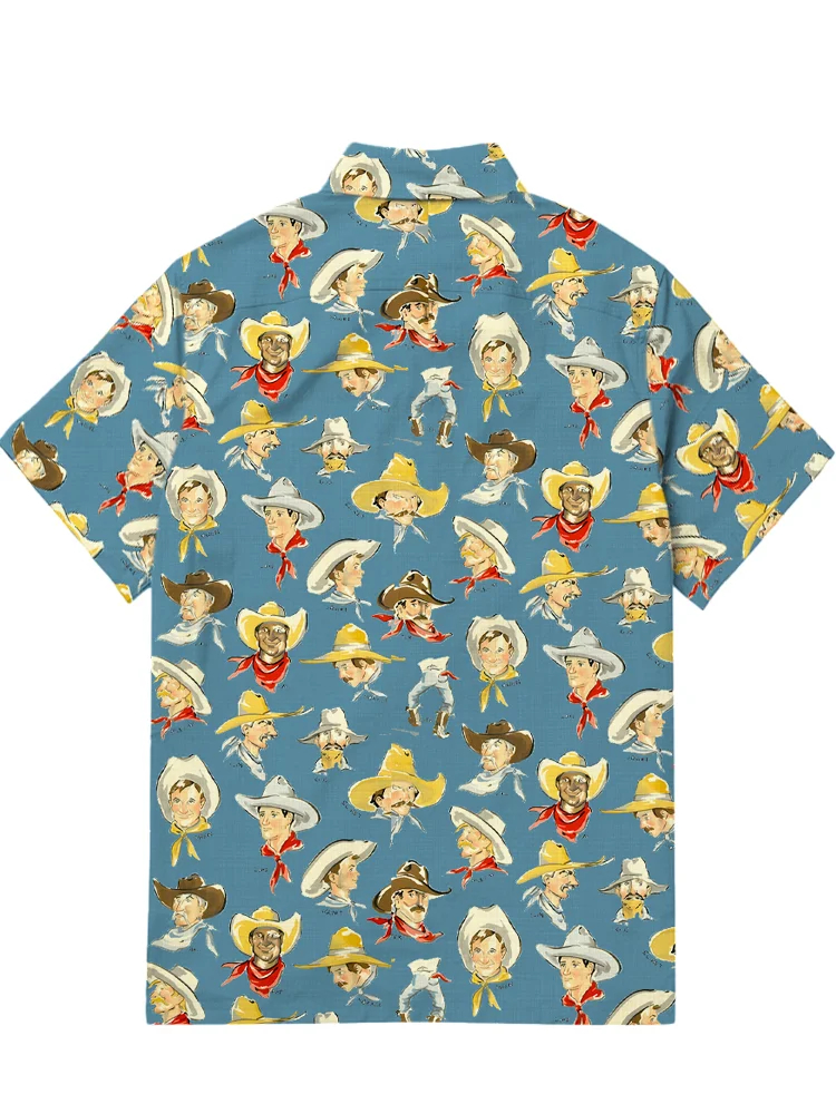 Men's casual retro denim patchwork printed short sleeved pocket shirt