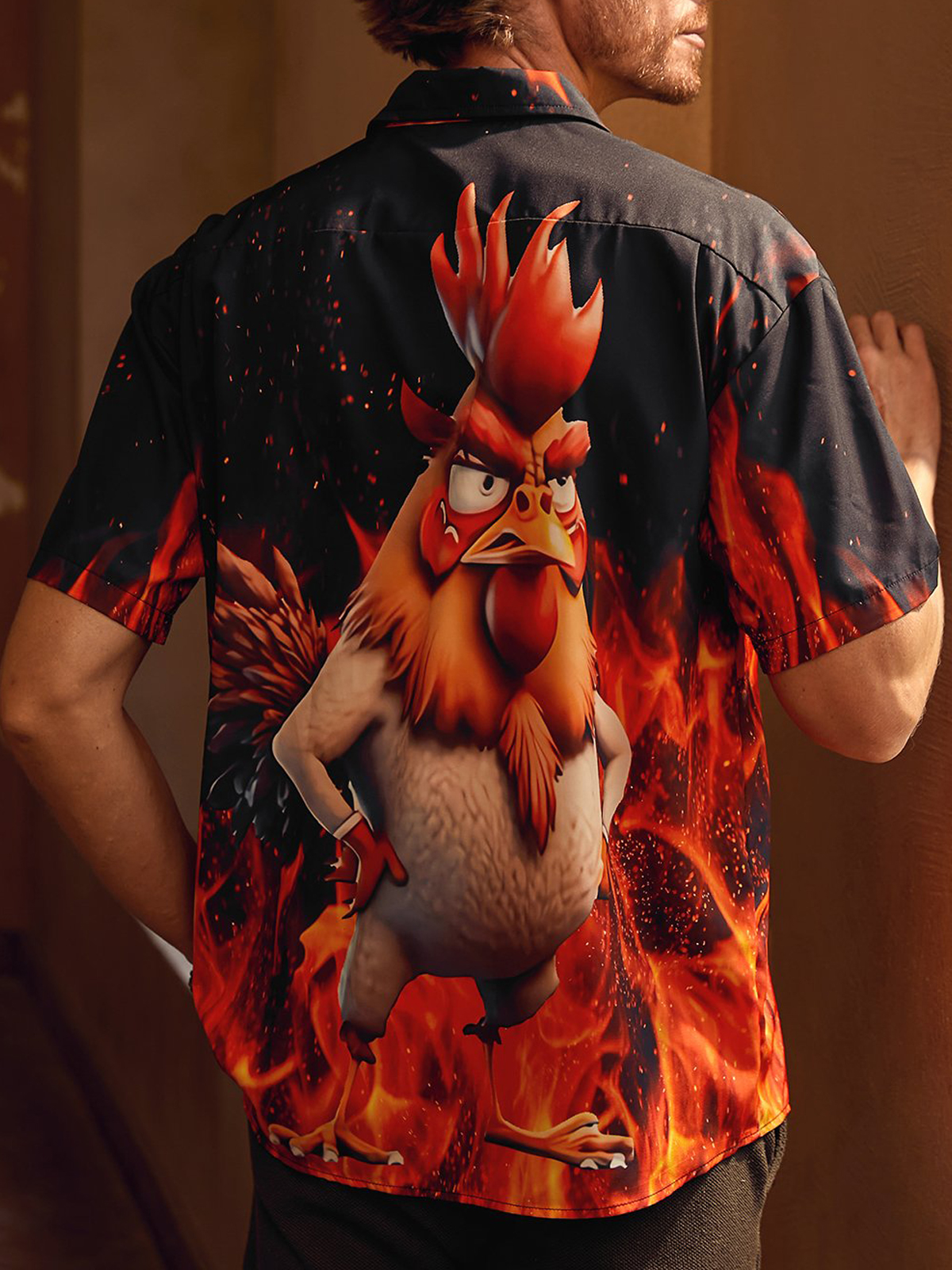 Men's Casual Flame Cartoon Chicken Print Lapel Short Sleeve Shirt