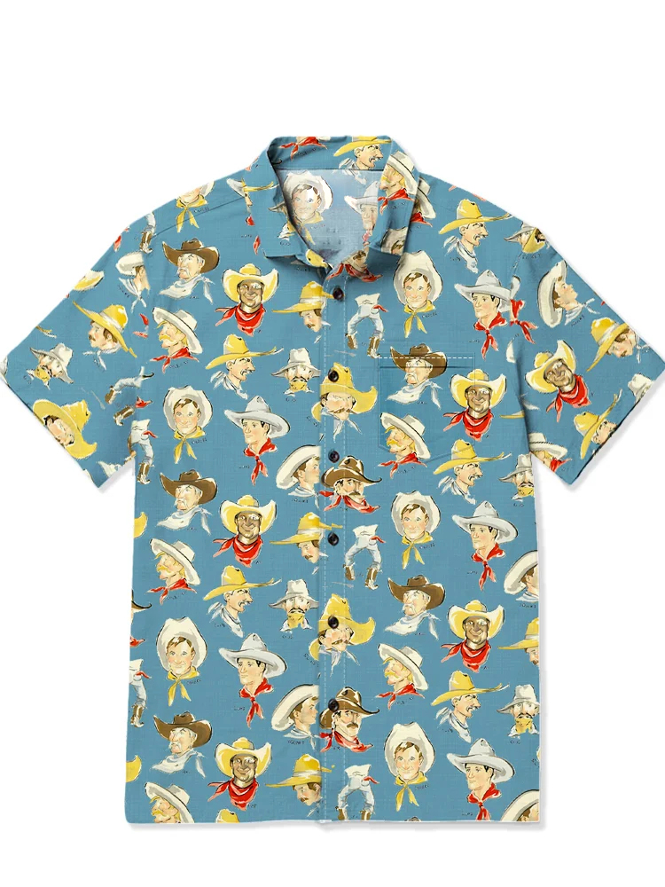 Men's casual retro denim patchwork printed short sleeved pocket shirt